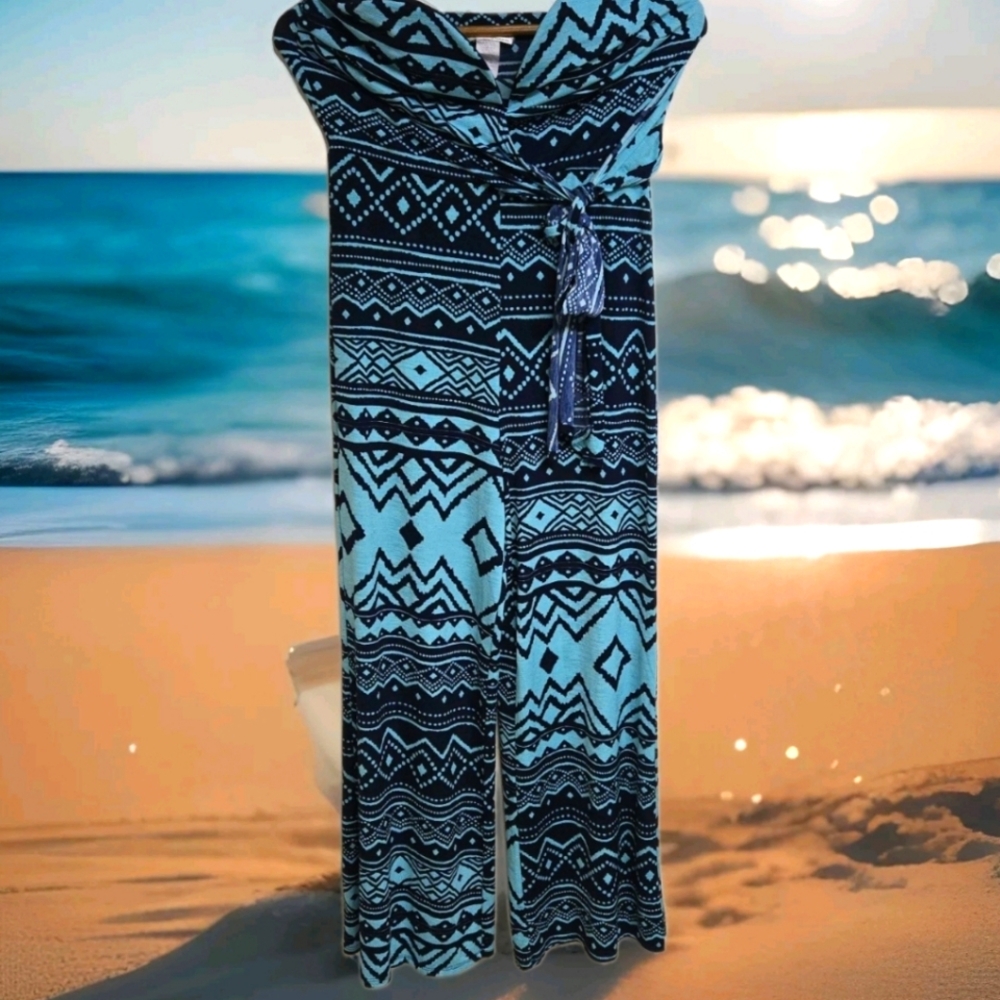A' GACI Strapless V Neck Wide Leg Jumpsuit, Blue Geometric Medium.